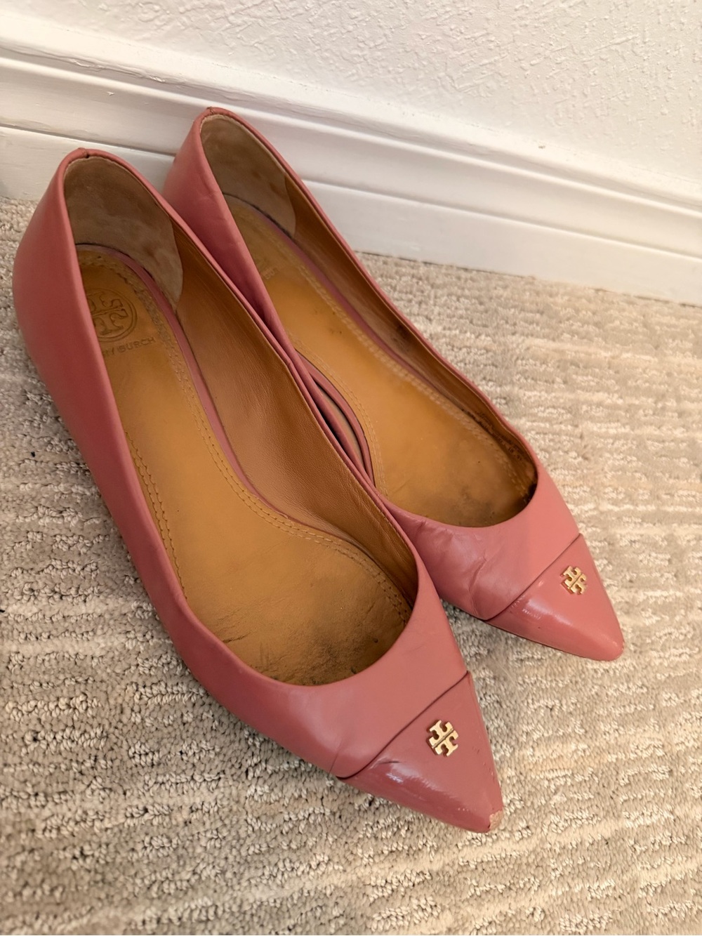Tory Burch Rose Pink Pointed-Toe Fairford Logo Flats